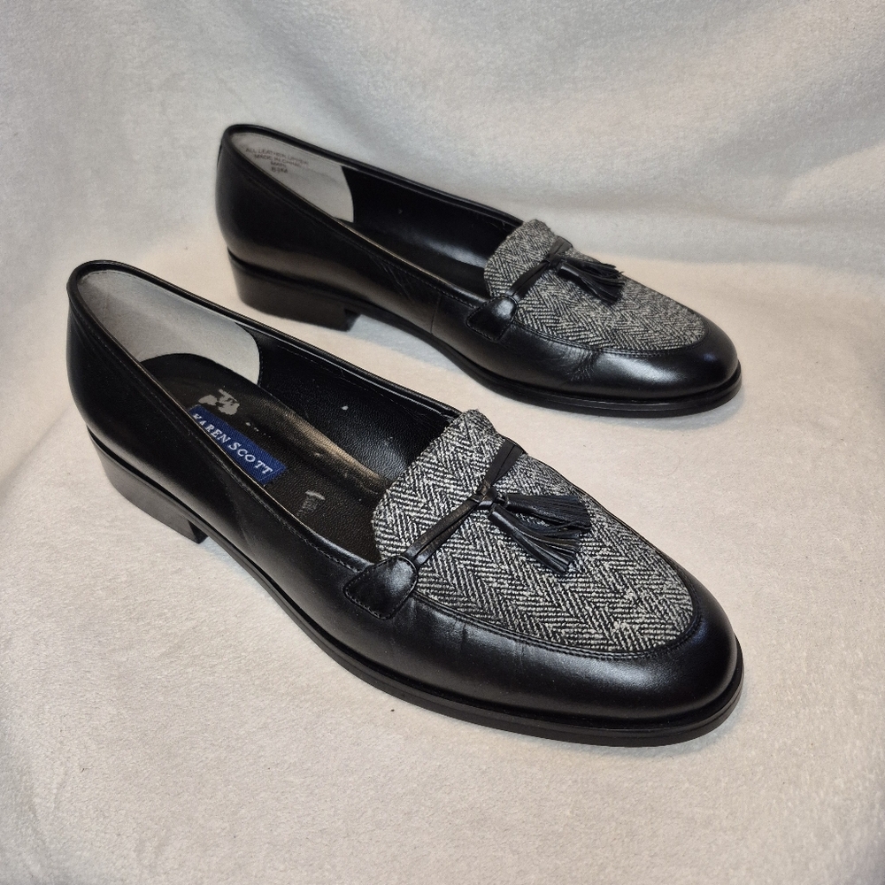Karen Scott 8.5 Mari Leather Loafer Black & White Tweed Tassel Retro, Texture